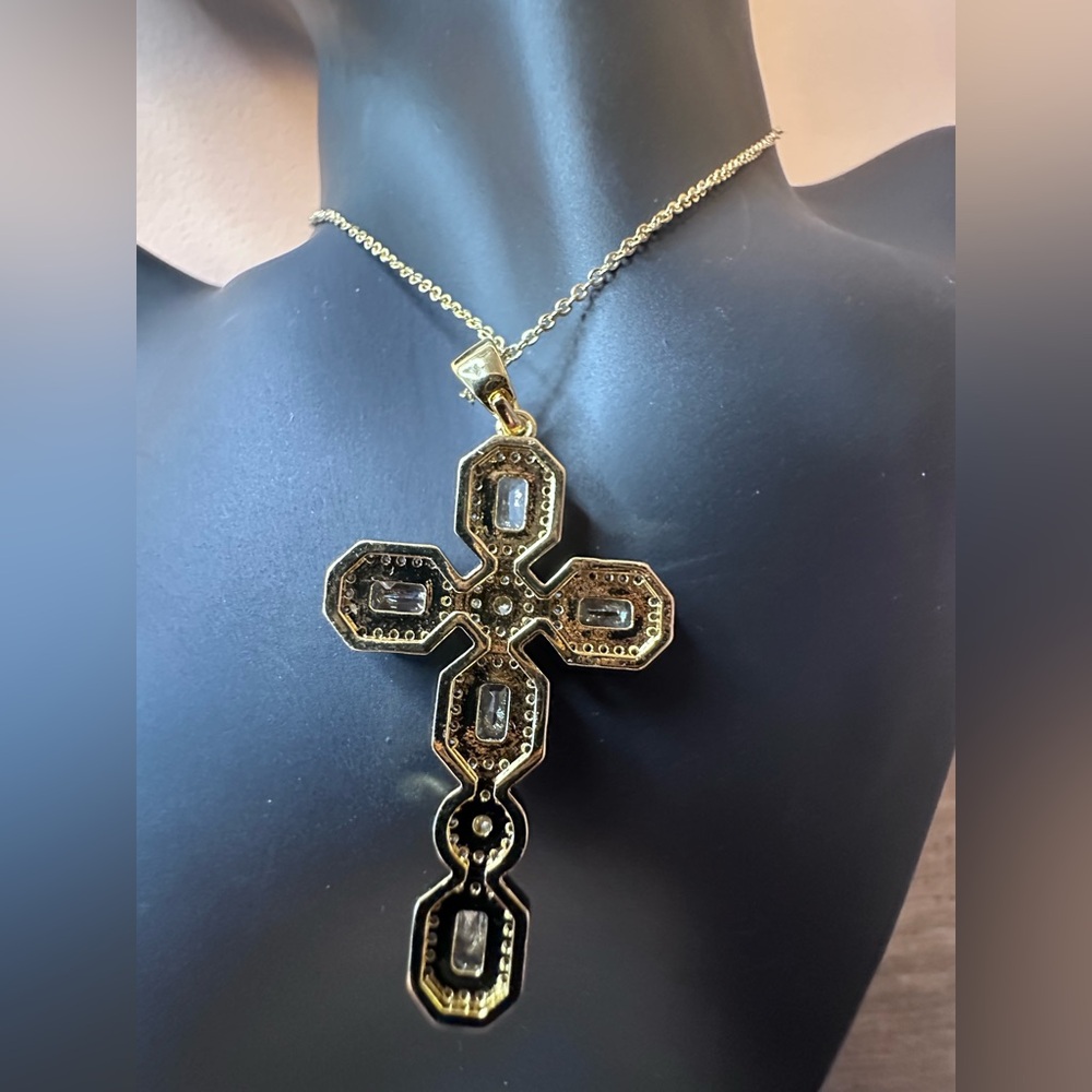 Gold Cross With CZ Pendant Necklace. 16” Chain. - Picture 5 of 5